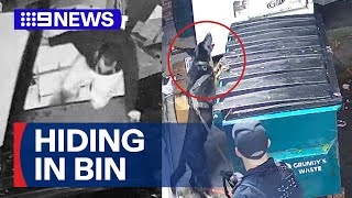 Police dog catches alleged pub robber hiding in rubbish bin | 9 News Australia