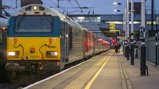 67001 Departs Peterborough dragging a failed 91 set 16/09/20