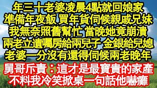 年三十老婆凌晨4點就回娘家，準備年夜飯 買年貨伺候親戚兄妹，我無奈照舊幫忙 當晚她竟崩潰，兩老立遺囑房給兩兒子 金銀給兒媳，老婆一分沒有還得伺候兩老晚年，真情故事會  老年故事  情感需求  愛情