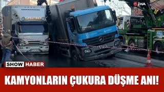 Güngören'de yol çöktü; 2 kamyon çukurda düştü