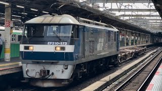 【約１０分遅れ・ジョイント音最高！】JR貨物EF210形100番台173号機（旧塗装）＋空コキ2B（両）が赤羽駅6番線を通過するシーン（臨配8791レ・新A909・その他）2024.10.7