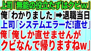 【スカッとする話】コネ入社の無能上司「仕事ができん役立たずの無能はクビだw」→退職当日、上司「システムエラーだ！今すぐ直せ！」俺「俺しか直せませんがクビなので帰ります」上司「え？」