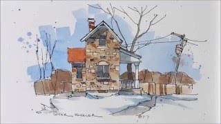 Line and wash demonstration of a Stone Farmhouse watercolor. Easy to follow and learn.