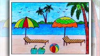 How to draw beach for beginners | Sea beach drawing easy