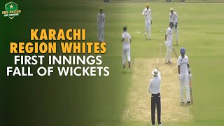 Karachi Region Whites' first innings fall of wickets against Peshawar Region at Abbottabad Stadium