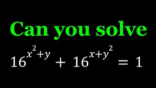Solving 16^{x^2+y}+16^{x+y^2}=1