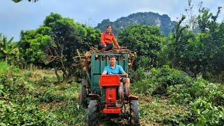 Young couple transports a large truck of wood with a tractor to earn income - Happy dinner together