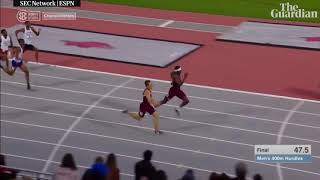 Athlete superman dive at finishing line gives university athlete dramatic win in