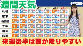 【週間天気】来週後半は秋雨前線の影響で広く雨が降りやすい