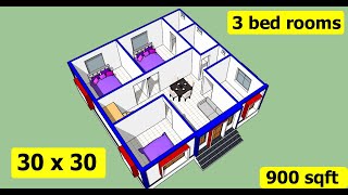30 x 30 house plan with 3d elevation II 900 sqft ghar ka naksha II 30 x 30 ghar ka design