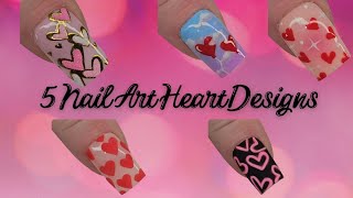 5 EASY Nail Art Heart Designs | Begginer Friendly | Valentine Nail Art 💝