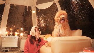 Perfect night spent with dogs in a transparent tent in the winter forest / Camping ASMR/Camping Vlog