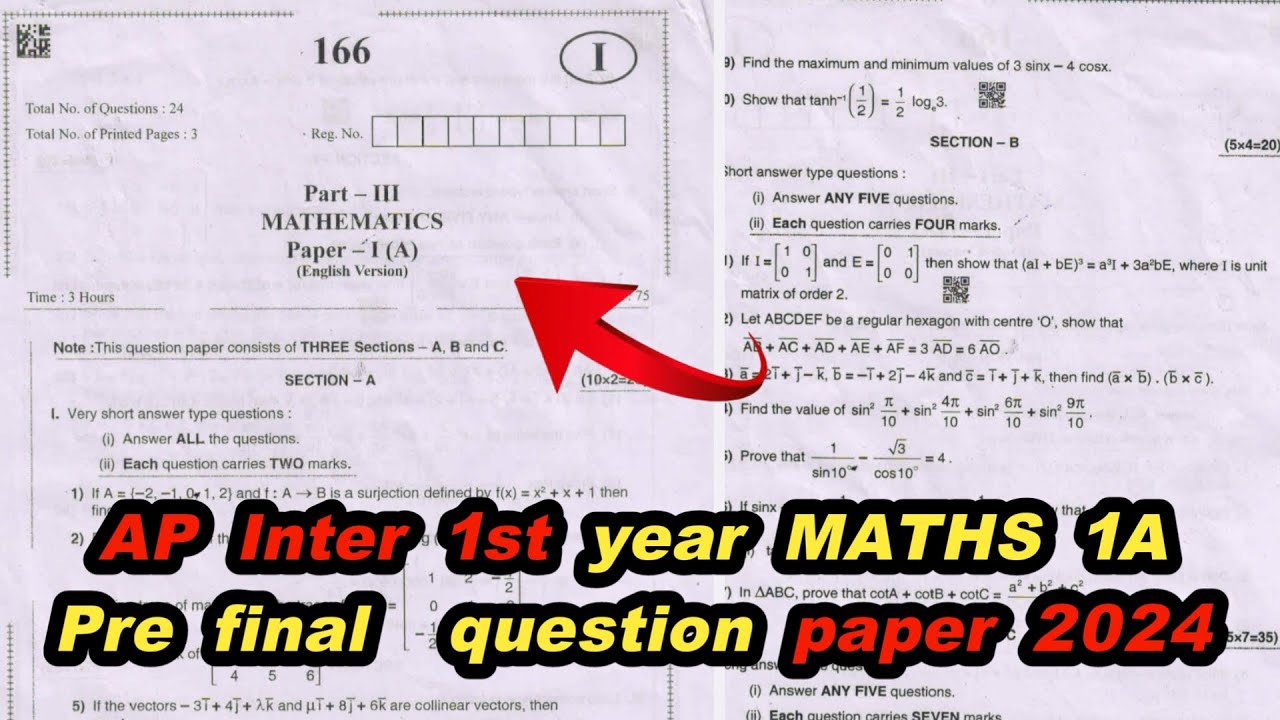 AP INTER 1st Year Maths 1A Pre Final Question Paper 2024||Inter Pre ...