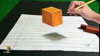 Very Easy -How To Draw  Floating Cube | 3D Trick Art On Paper - Step by step tutorial for kids