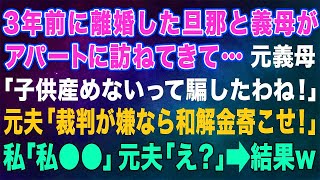 【スカッとする話】3年前に離婚した旦那と義母がアパートに訪ねてきて...元義母「子供産めないって騙したわね！」元夫「裁判が嫌なら和解金寄こせ！」私「○○なんですが私」元夫「え？」→結果【修羅場】