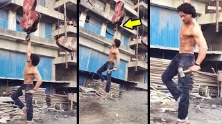 Tiger Shroff's Hard Gym Workout Hanging From A Crane In Public