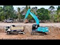 kobelco sx200 operator advance digging dirt mini dump truck unloading soil excavator working