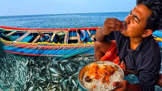 Wow 🤩 Millions of sardines caught in purse seine fishing | Lunch Tasty sardine fish curry🤤