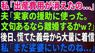 【スカッとする話】私「出産費用が消えたの…」夫「実家の援助に使った。文句あるなら離婚するかw？」後日、慌てた義母から大量に着信があり、私「まだ娑婆にいたのね…」