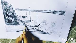 how to draw a scenery of river side