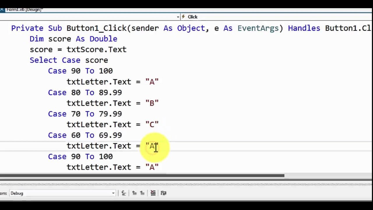 Visual Basic - Assignment 5 Part B - Letter Grade Case Statement - YouTube