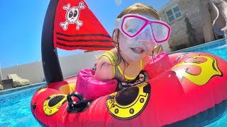 PIRATE SHIP POOL PARTY!! The family plays with inflatable toys and Adley is a mermaid!