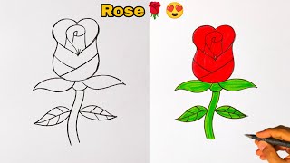 Easy Rose Flower Drawing | How To Draw Rose Easy | Rose Drawing And Coloring 😍 🌹