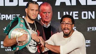 Demetrius Andrade GRABS David Benavidez after TENSE FACE OFF in funny moment!