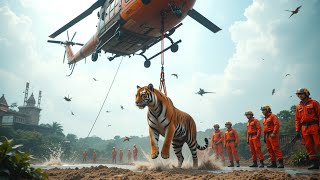 A team of brave rescuers saved a tiger trapped in quicksand in the jungle