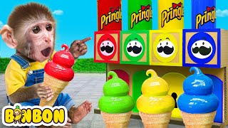 Monkey Binbon Challenge Vending Machine And Enjoy Rainbow Ice Ceam | Animal Monkey Binbon