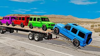 Double Flatbed Trailer Truck vs Speedbumps Train vs Cars | Tractor vs Train Beamng.Drive