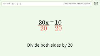 Linear equation with one unknown: Solve 20x-2=8 step-by-step solution