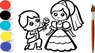Drawing Wedding Couple Easy For Kids | How To Draw Bride Groom | Elsa Dress
