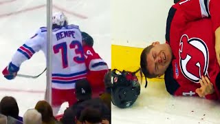Matt Rempe Hit on Nate Bastian (FULL CLIP) | Rangers vs Devils NHL Highlights