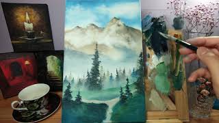 一幅有山有樹的油畫作品❤️縮時攝影 油畫示範／An oil painting with mountains and trees Time-lapse photography