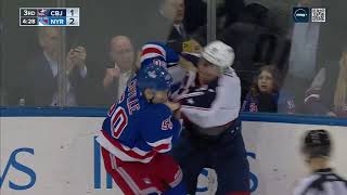 Dmitri Voronkov fights against Will Cuylle after Ranger hits Provorov (28 feb 2024)