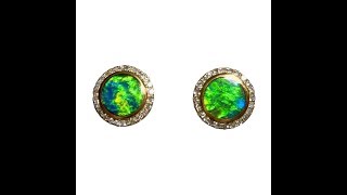 Round Opal Stud Earrings with Diamonds. Green Blue stones | FlashOpal