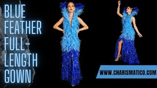 CHARISMATICO Blue Ocean High-Collar Feather Full-Length Gown