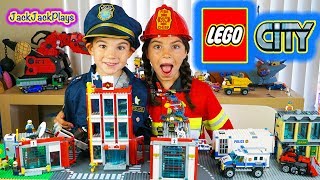 Lego City Fire and Cops! Fire Station and Engines, Police Trucks | JackJackPlays