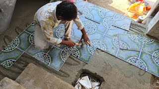 Techniques of Portico Tile Fitting_Front Porch Floor Tile Accurately Installation With Cement Mixer