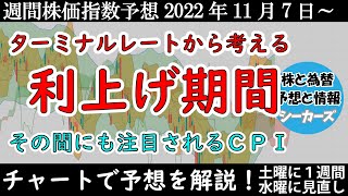 【日経平均・ダウ・ナスダックの予想】ターミナルレート変更と利上げ期間の目処、そして注目される米１０月消費者物価指数【週間株価指数予想】