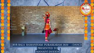 Manasvi Dodda | Classical Dance | RVR Bala Ramaniyam Puraskaram 2020 | Kalavedika|