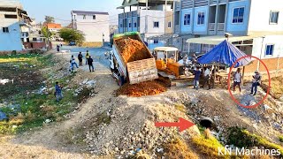 Starting New Project, Installing Small Road By Dump Truck 5Ton & Bulldozer Pushing Soil In Village