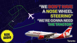 Hydraulic failure. PAN-PAN. Air Canada Rouge Airbus A319 stops on the runway at Toronto. Real ATC