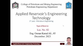Applied Reservoir Engineering Technology - Lecture 02 [ Diploma ]
