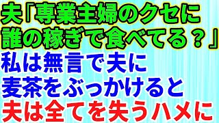 【スカッとする話】夫「専業主婦のくせに！誰の稼ぎで生きてると思ってんだ」私を見下す夫に愛想をつかし無言で麦茶をぶっかけると→夫「え」