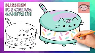How To Draw Pusheen Cat - Ice Cream Sandwich | Cute Easy Step By Step Drawing Tutorial