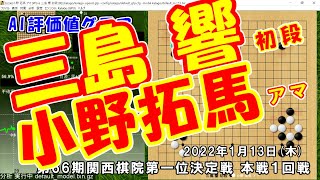 [囲碁 AI 評価値グラフ 棋譜] 三島　響初段  VS 小野拓馬アマ 第66期関西棋院第一位決定戦本戦１回戦  2022年1月13日(木) /家のKatagoさんに聞いてみた。