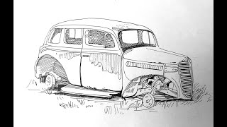 Drawing of an Abandoned Vintage Car found in a Junkyard