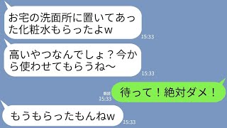 【LINE】私の家に遊びに来る度に何か盗んでいく泥ママが勘違いで超危険物を泥棒…泥ママ「化粧水もらっておくわw」→その夜、泥ママが自業自得で地獄を見ることにwww